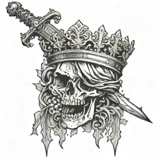 sword of Damocles on a skeleton king tattoo design idea