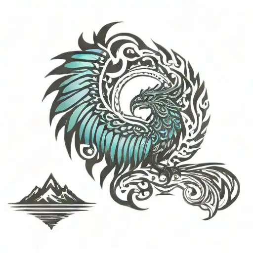 Mountain ocean Maori phoenix rising from the ashes tattoo design idea