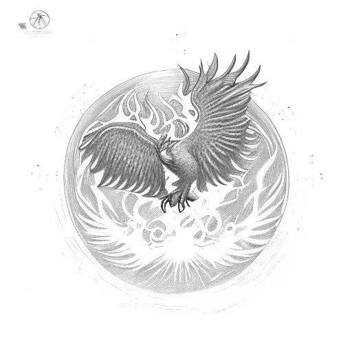 phoenix bird rising from ashes which depicts rise from failures and sun in the background of it for right hand. tattoo design idea