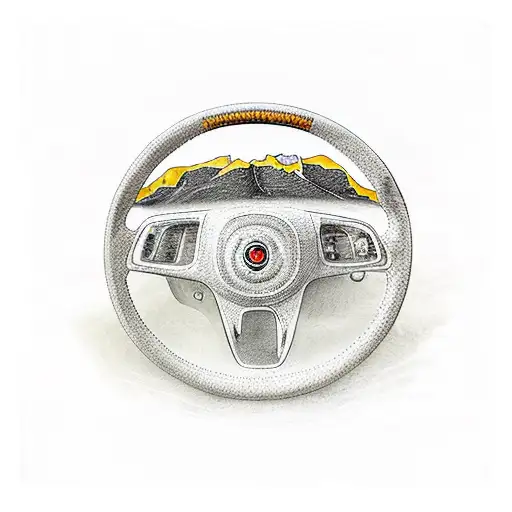 A steering wheel with a road winding through a mountain landscape, symbolizing a passion for driving and adventure tattoo design idea
