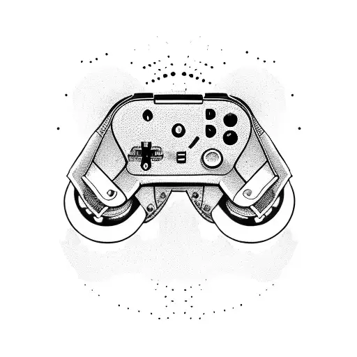 A dotwork tattoo of a gaming controller intertwined with musical instruments tattoo design idea