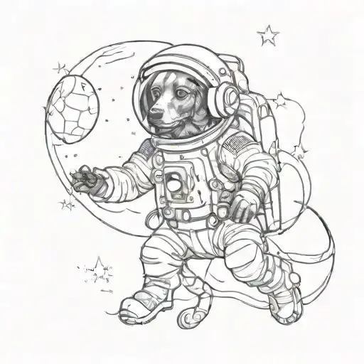 black dachshund astronaut floating in space fine line tattoo tattoo design idea