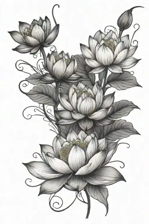lotus flowers blooming with vines growing tattoo design idea