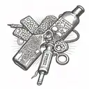 dog tags & semi automatic pistol & bottle of pills tattoo design idea