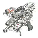 dog tags & semi automatic pistol & bottle of pills tattoo design idea