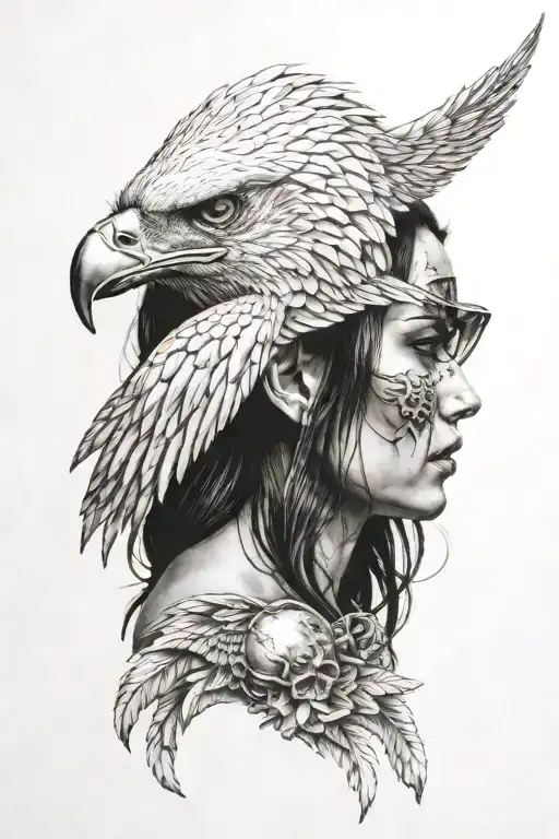 half a skull half a woman with an eagle underneath  tattoo design idea