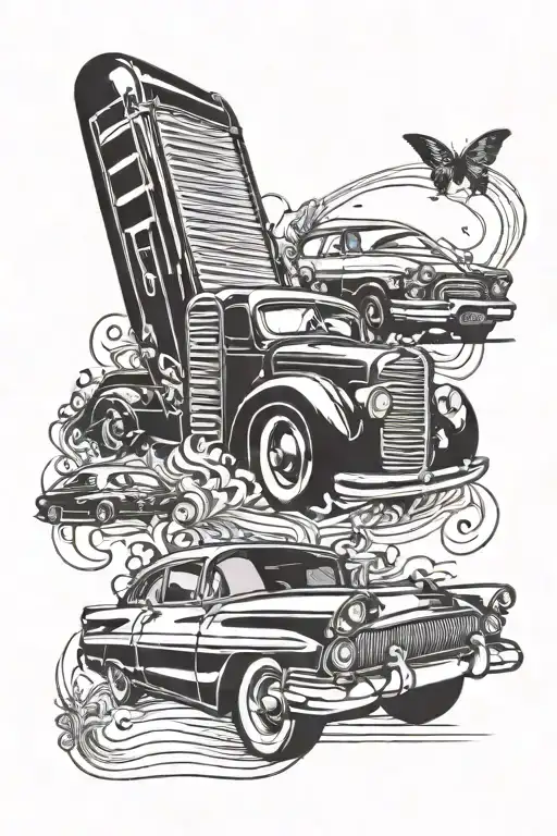 An abstract tattoo design combining a vintage car with a harmonica, representing your passion for classic cars and blues music tattoo design idea