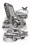An abstract tattoo design combining a vintage car with a harmonica, representing your passion for classic cars and blues music tattoo design idea