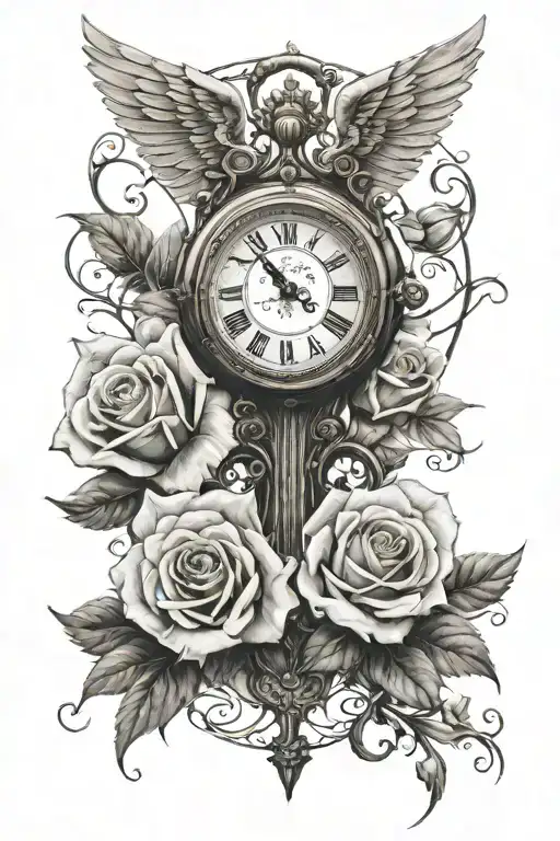 angel with rose and clock tattoo design idea
