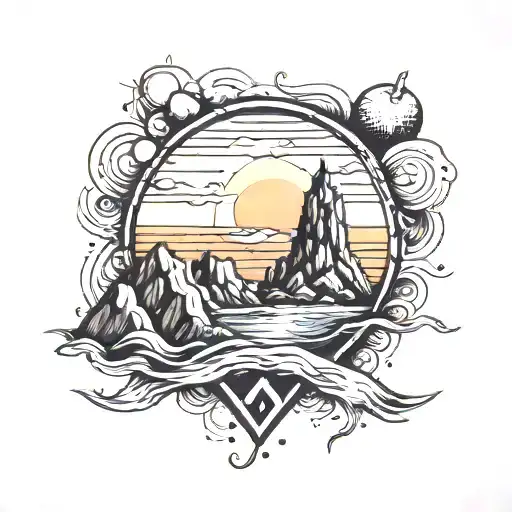 heart with scar, mountain, low tower, sea, fishing, after the storm the sun comes out tattoo design idea
