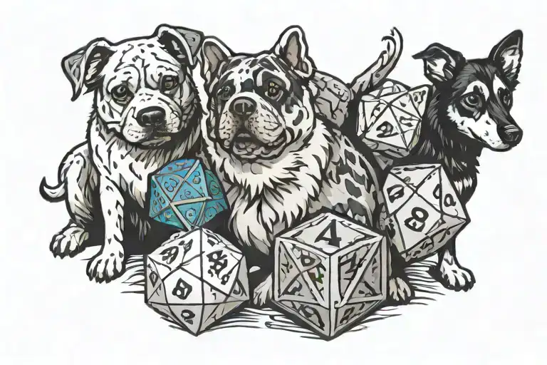 Family Themed DND Tattoo with d20 dice, 2 parents, 2 kids, and a dog.  tattoo design idea