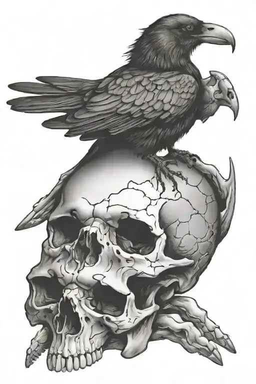 Large Crow sitting on cracking skull  tattoo design idea