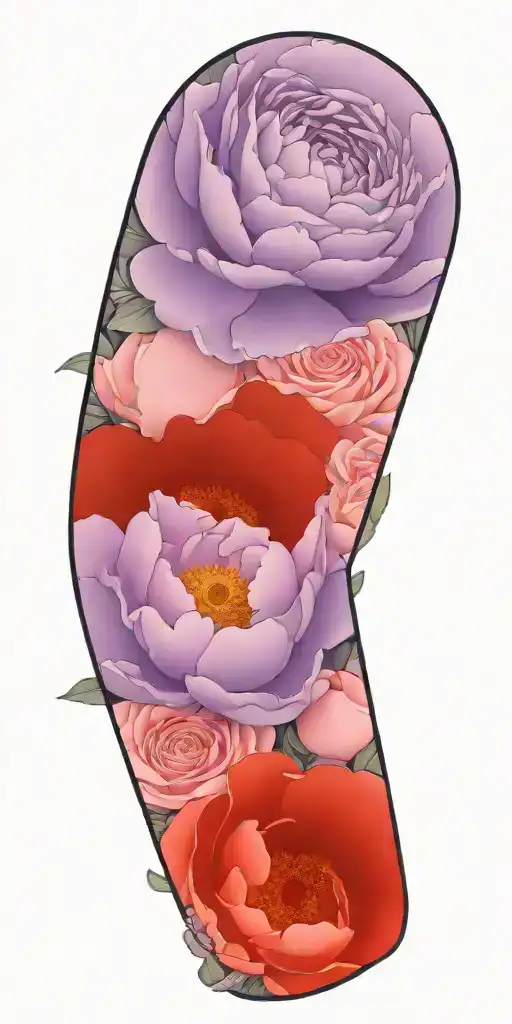 Peony, roses, and poppies wrapping tattoo design idea