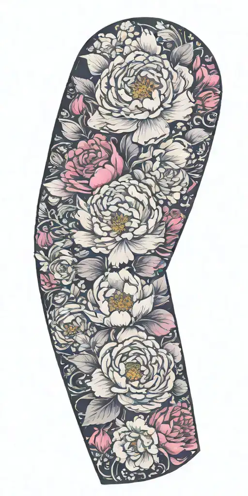 Floral sleeve with a single flower, a peony, a rose, a poppy, and an orchid leaving space between the flowers tattoo design idea