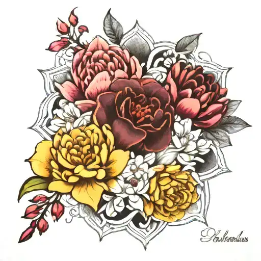 Mandala Flower Bouquet with Orchids and Peonies  tattoo design idea
