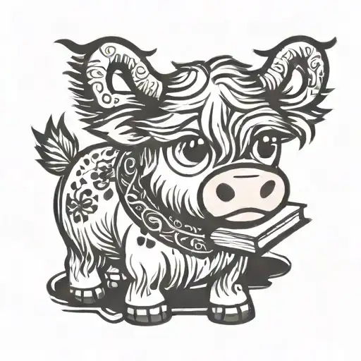 Cute Cartoon Highland cow with big eyes holding a book tattoo design idea