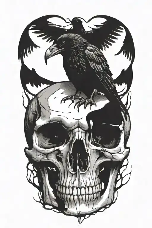 Large Crow sitting on cracking skull  tattoo design idea