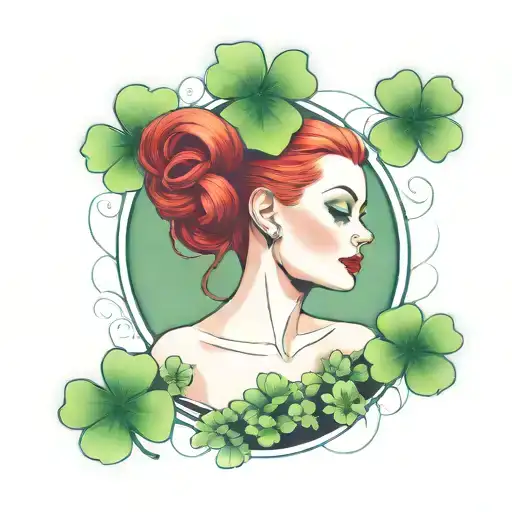 A femme fatale with red hair holding a four-leaf clovers tattoo design idea