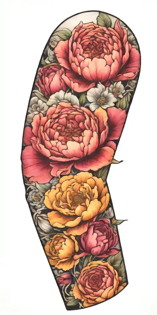 Floral sleeve featuring peony, rose, poppy, and orchid. leave space between the flowers. tattoo design idea