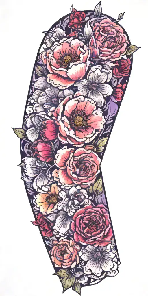 Floral sleeve with a purple peony, a peach rose, a red poppy, and a white orchid.  tattoo design idea