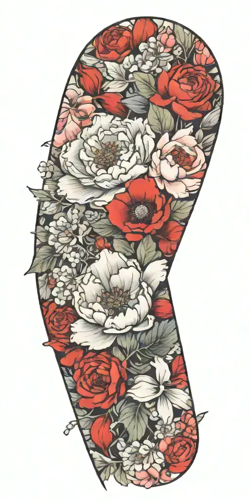 Floral sleeve featuring peony, rose, poppy, and orchid. Includes space for a ginko leaf, babies breath and fern leaves. tattoo design idea
