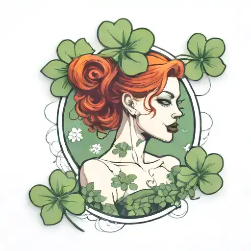 A femme fatale with red hair holding a four-leaf clovers tattoo design idea