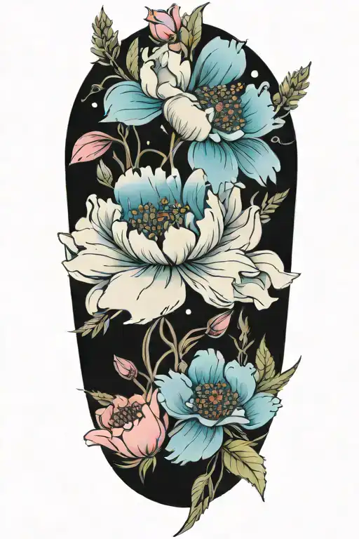 Peony flower intertwined with roses and poppy flowers. Babies breath and ferns to fill in the open space. tattoo design idea