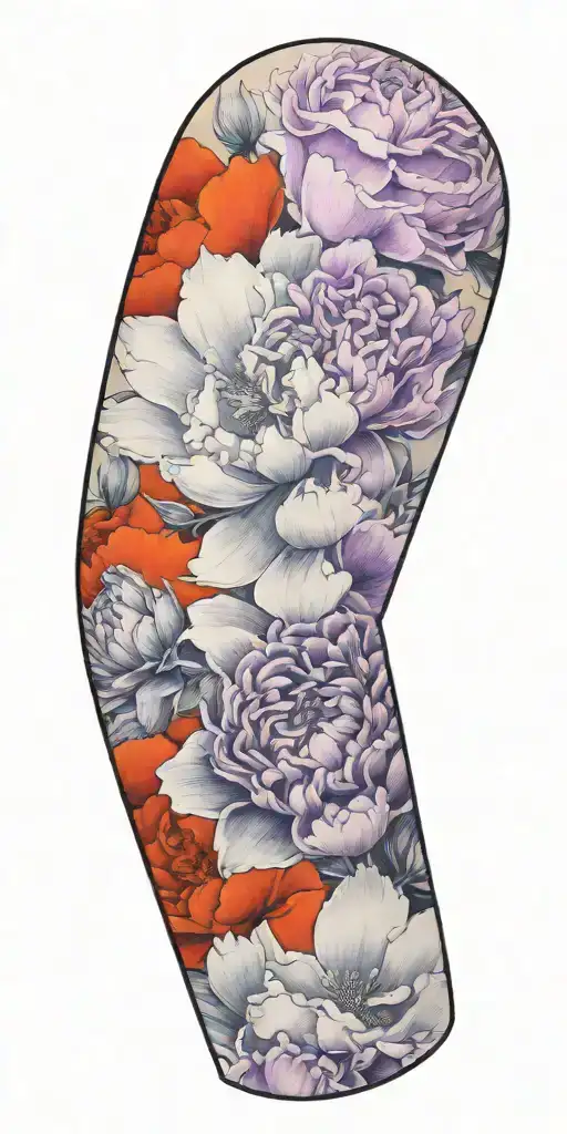 Floral sleeve with a single flower, a peony, a rose, a poppy, and an orchid leaving space between the flowers tattoo design idea