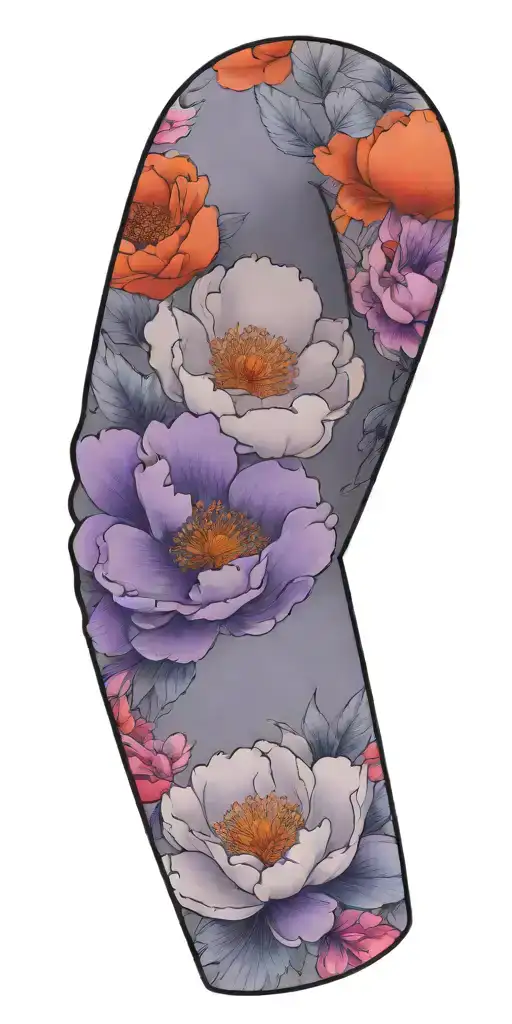 Floral sleeve featuring peony, rose, poppy, and orchid. Fill in with ferns and ginko leafs. tattoo design idea