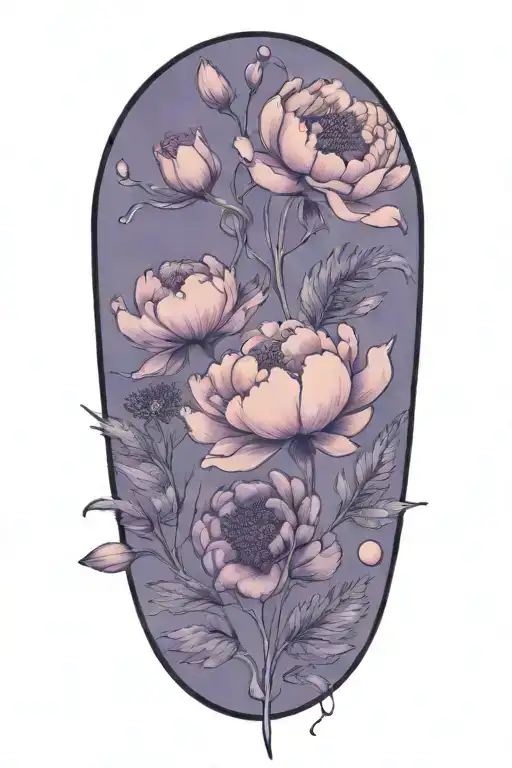 Peony flower intertwined with roses and poppy flowers. Babies breath and ferns to fill in the open space. tattoo design idea