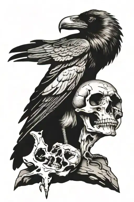 Large Crow sitting on cracking skull  tattoo design idea