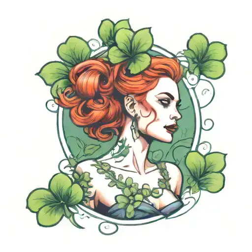A femme fatale with red hair holding a 4 leaf clovers tattoo design idea