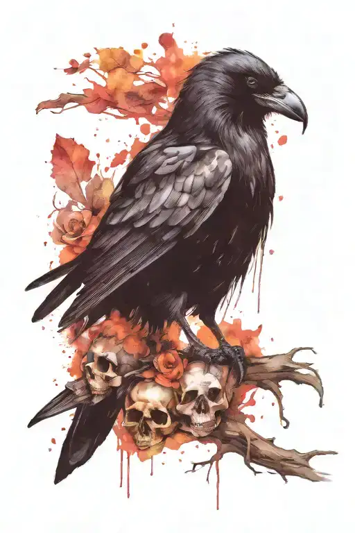 Large black Crow on a crushed skull tattoo design idea