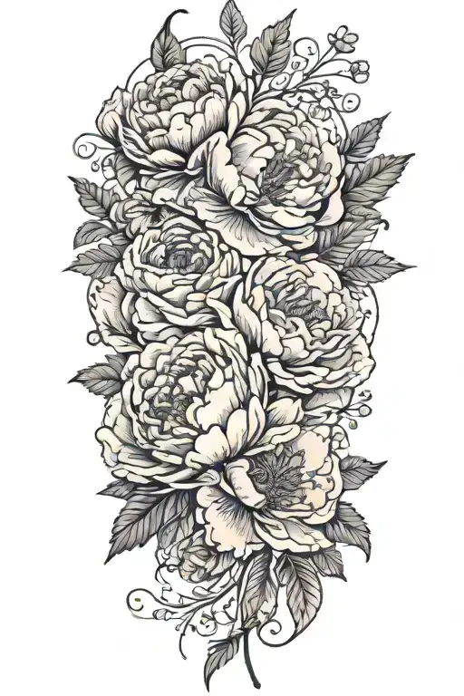 Peony flower intertwined with roses and poppy flowers. Babies breath and ferns to fill in the open space. tattoo design idea