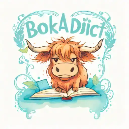 Cute Cartoon Highland cow with big eyes holding a book with the caption "Book Addict" below it  tattoo design idea