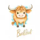 Cute Cartoon Highland cow with big eyes holding a book with the caption "Book Addict" below it  tattoo design idea