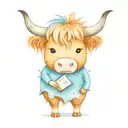 Cute Cartoon Highland cow with big eyes holding a book with the caption "Book Addict" below it  tattoo design idea
