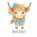 Cute Cartoon Highland cow with big eyes holding a book with the caption "Book Addict" below it  tattoo design idea