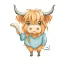 Cute Cartoon Highland cow with big eyes holding a book with the caption "Book Addict" below it  tattoo design idea