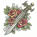 Dagger wrapped in ivy with roses intertwined tattoo design idea