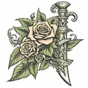 Dagger wrapped in ivy with roses intertwined tattoo design idea
