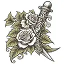 Dagger wrapped in ivy with roses intertwined tattoo design idea