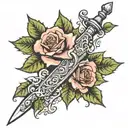 Dagger wrapped in ivy with roses intertwined tattoo design idea
