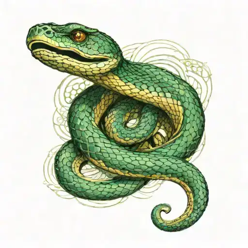 sketch of a tattoo on the shoulder in the form of a snake, made in gold and green tones. wrapping the arm in three turns. tattoo design idea