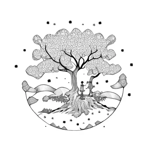 little forest spirits in a cherry blossom tree tattoo design idea