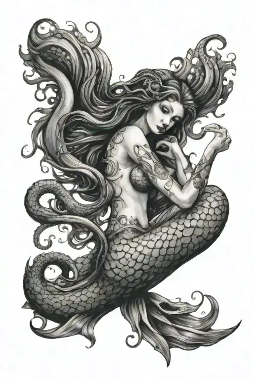 mermaid being seduced by octopus   tattoo design idea