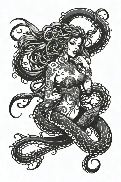 mermaid and octopus tentacles tattoo design idea