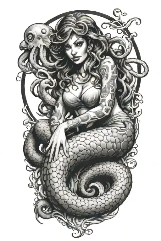 octopus wrapped around mermaid sexy girl sitting tattoo design idea