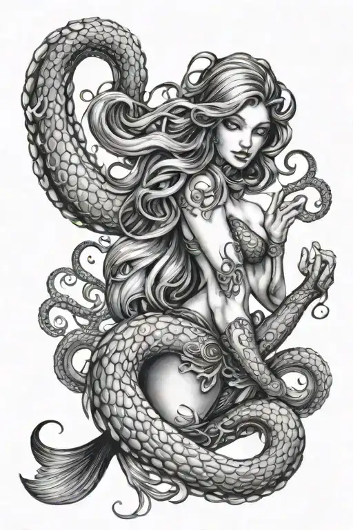 mermaid and octopus wrapping its tentacles tattoo design idea