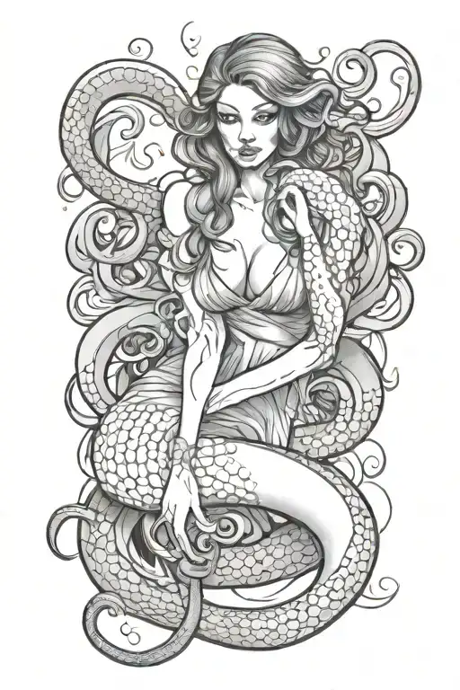 octopus wrapped around mermaid sexy girl sitting tattoo design idea
